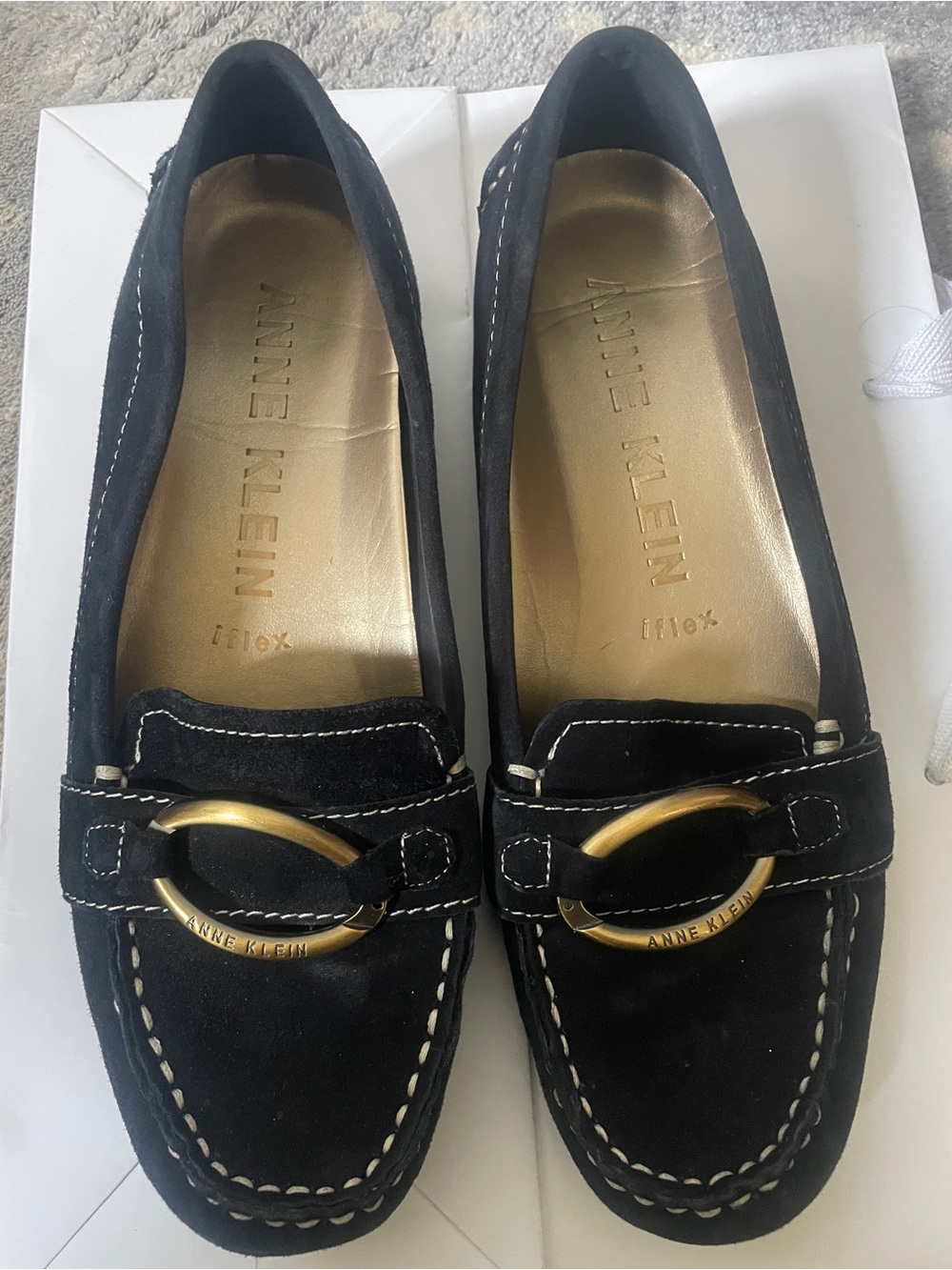 Anne Klein Black Suede Loafers with Gold Ring Accent